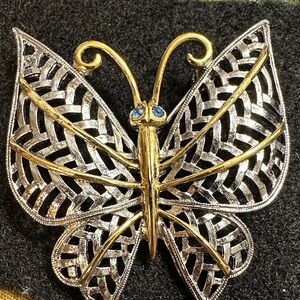 Avon - Vtge Elegant Gold and Silver Butterfly Brooch Blue Rhinestone Eyes
